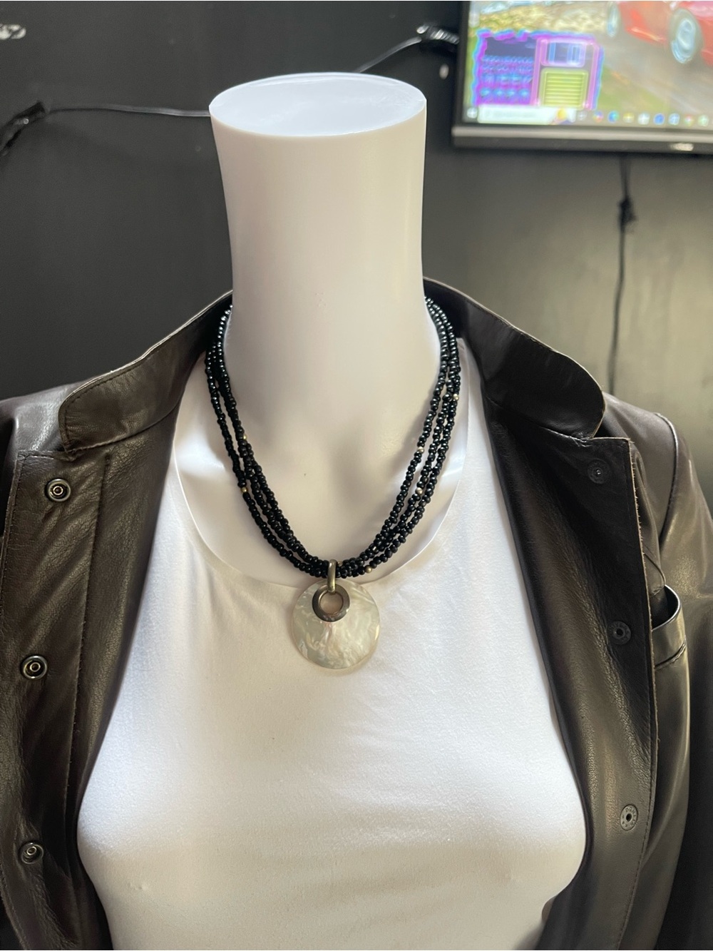 Black Beaded Mother-of-Pearl Pendant Necklace